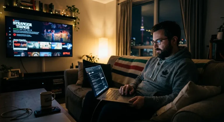 Canadian man researching IPTV Canada Reddit recommendations on laptop
