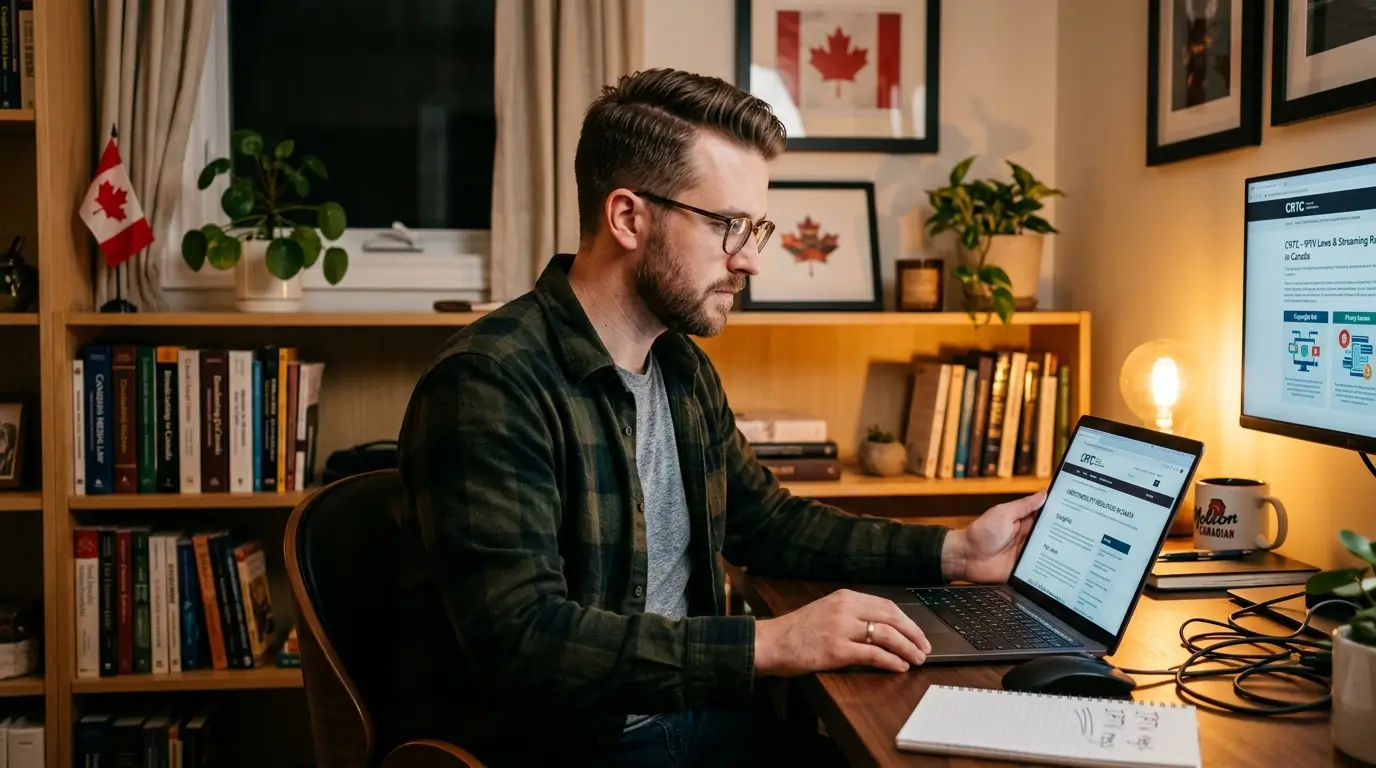Canadian man researching legal IPTV Canada options on laptop at home