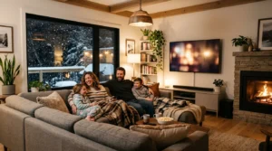 Canadian family relaxing on the couch streaming TV together, used for the Royal Stream IPTV plan finder tool