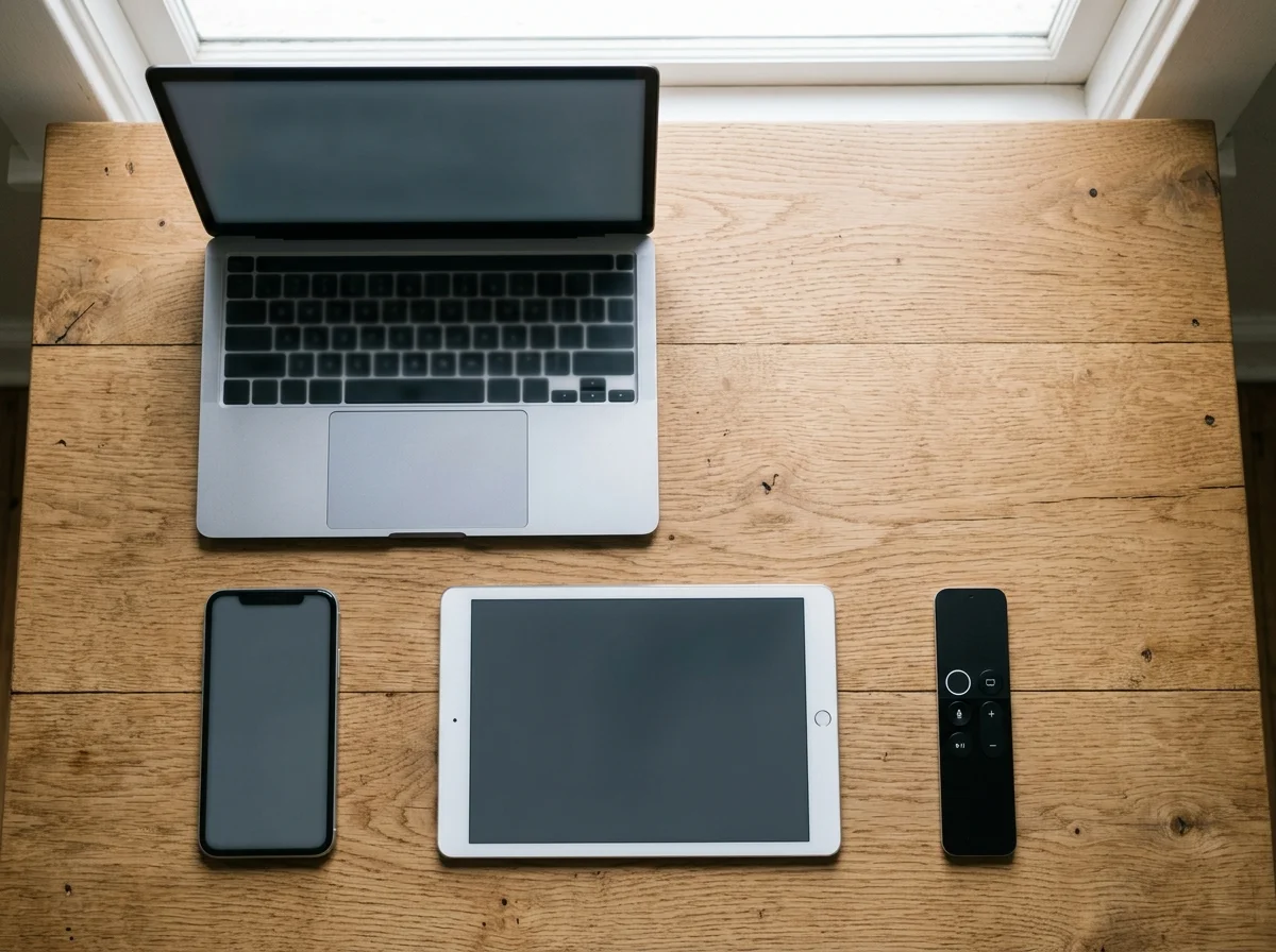 Smartphone, tablet, remote, and laptop arranged together representing multiple simultaneous streaming connections for the Royal Stream plan finder